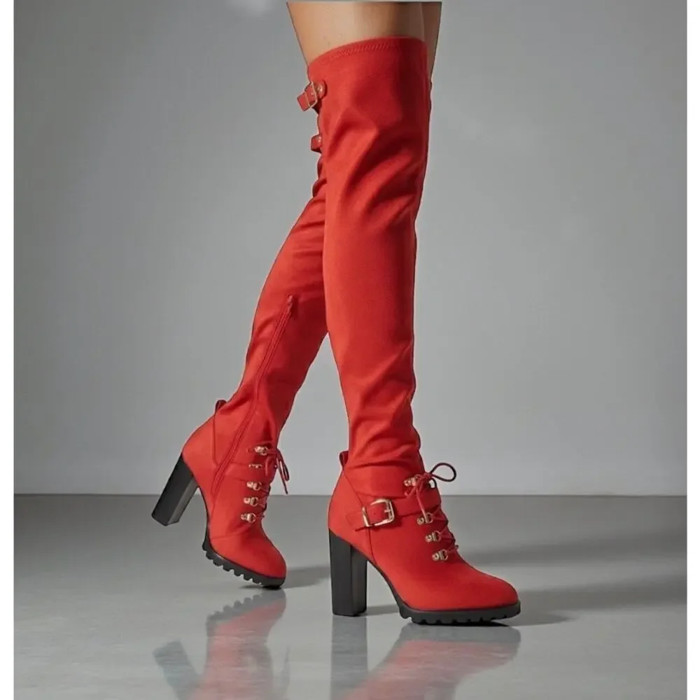 Shoedazzle Evadne Thigh Boot Sz 9 Red Faux Suede Over Knee OTK Lug Sole 4